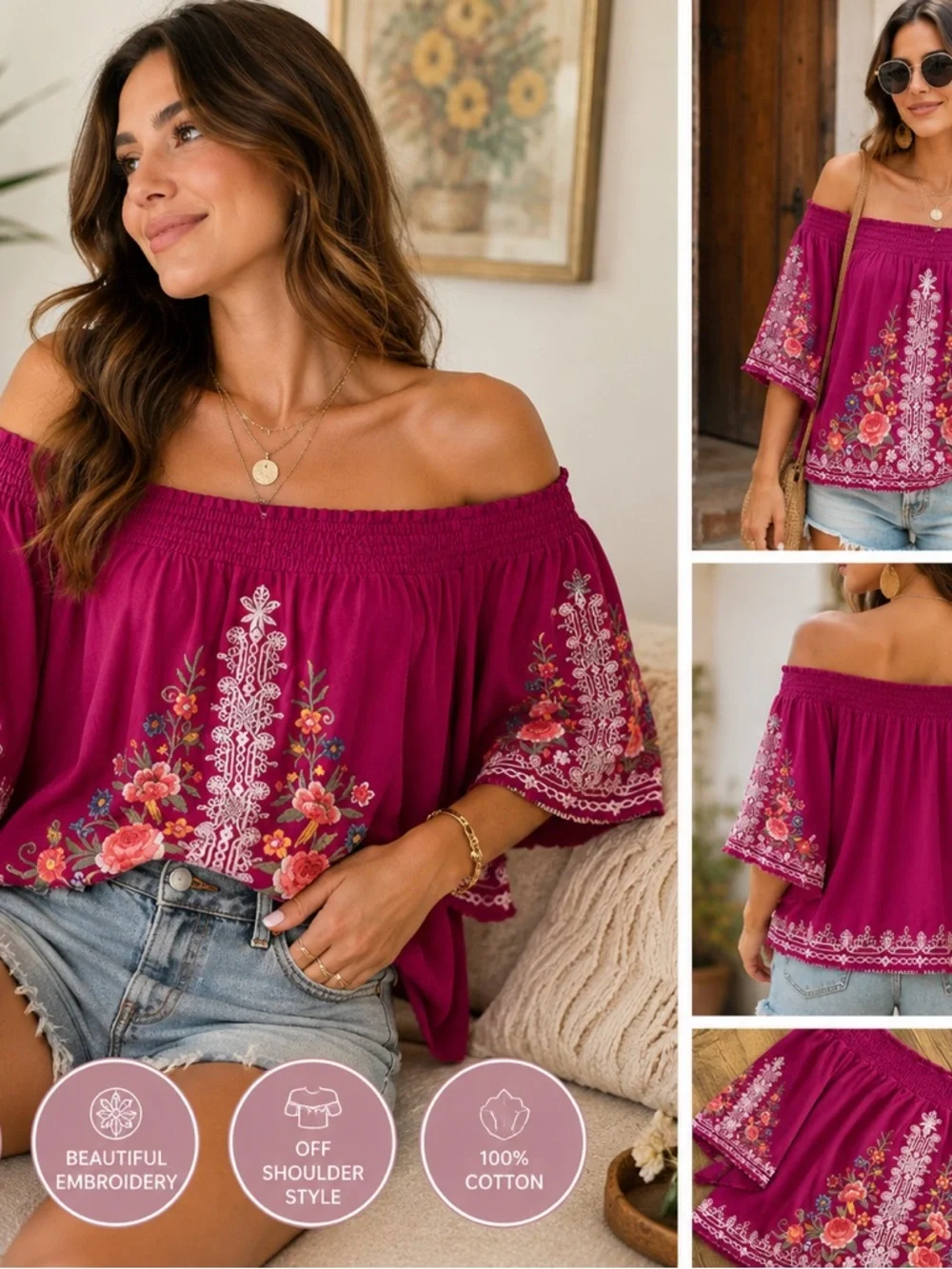 Johnny Was Oversized Off Shoulder Embroidered Boho Floral Peasant Top Cotton
